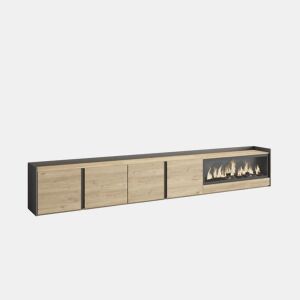 Móvel de TV, Muito espaço de arrumação, 315x35x50cm, Para televisores até 80, Lareira eléctrica XXL, LED, Estilo moderno, Carvalho e preto