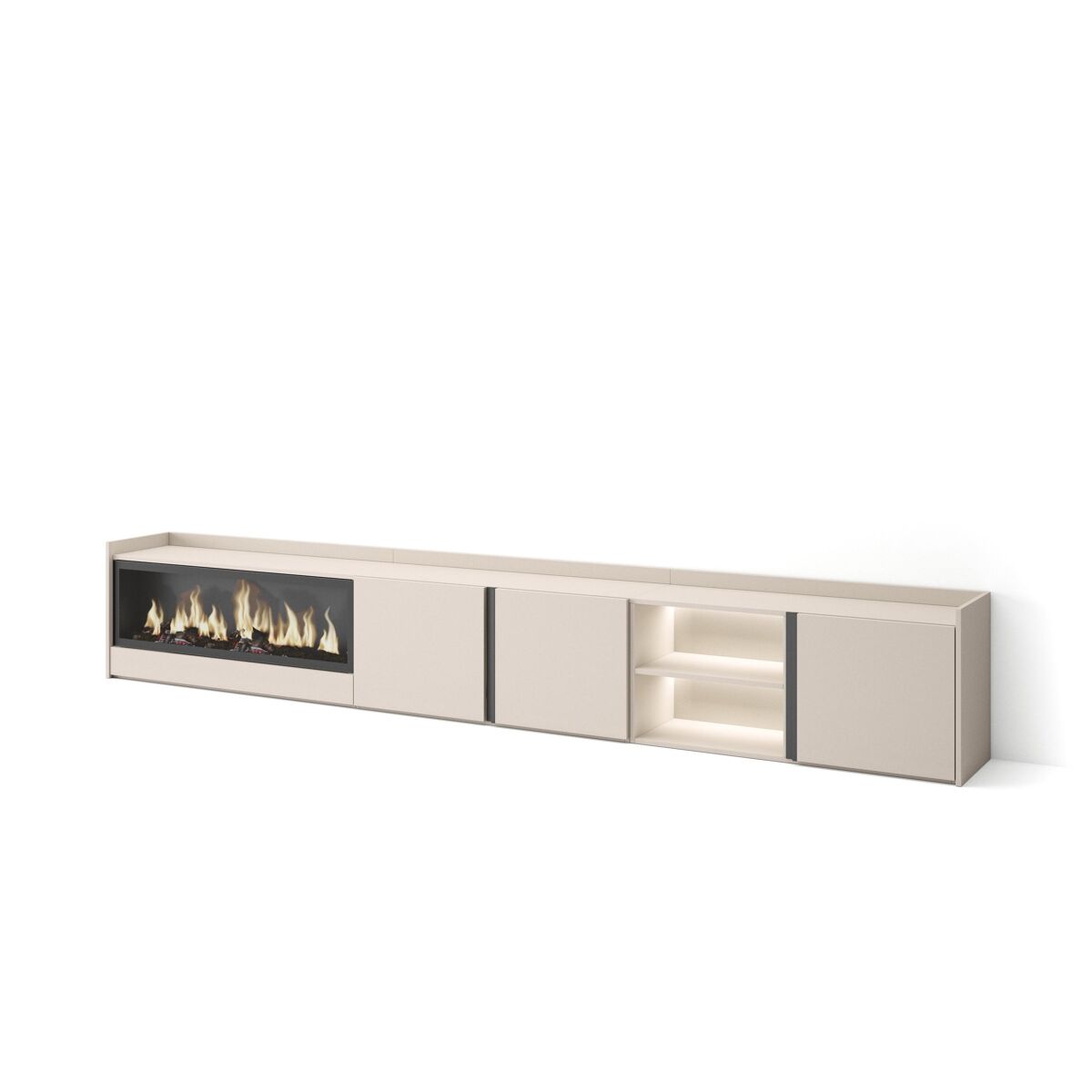 Mueble tv, televisión, muebles de salón, almacenaje, 315x35x50cm, para tv hasta 80", chimenea eléctrica xxl, led, estilo moderno, beige