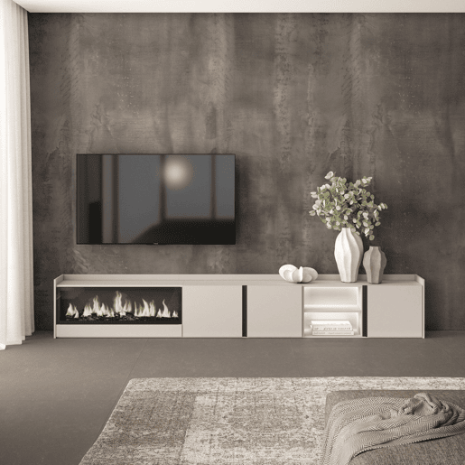 Móvel de TV, Muito espaço de arrumação, 315x35x50cm, Para televisores até 80, Lareira eléctrica XXL, LED, Estilo moderno, Bege