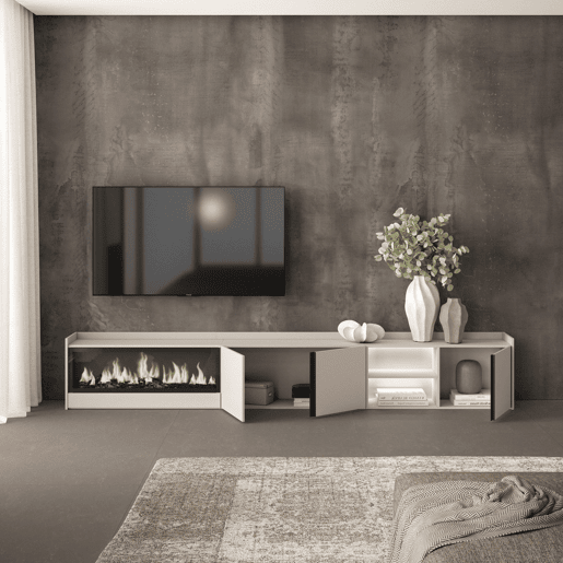 Móvel de TV, Muito espaço de arrumação, 315x35x50cm, Para televisores até 80, Lareira eléctrica XXL, LED, Estilo moderno, Bege