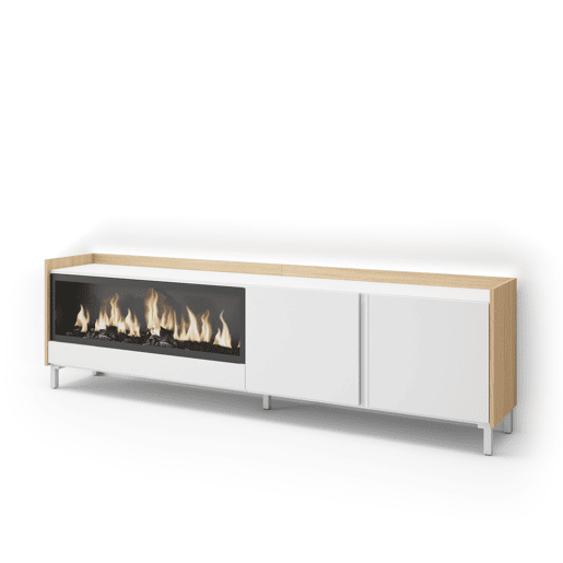 Móvel de TV, Muito espaço de arrumação, 212x35x61cm, Para televisores até 80, Lareira eléctrica XXL, Design industrial, LED, Estilo moderno, Branco e Carvalho soft