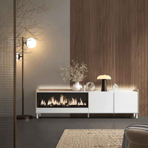 Móvel de TV, Muito espaço de arrumação, 212x35x61cm, Para televisores até 80, Lareira eléctrica XXL, Design industrial, LED, Estilo moderno, Branco e Carvalho soft