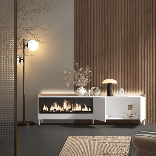 Móvel de TV, Muito espaço de arrumação, 212x35x61cm, Para televisores até 80, Lareira eléctrica XXL, Design industrial, LED, Estilo moderno, Branco e Carvalho soft