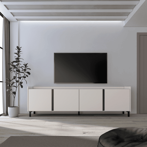 Móvel de TV, Muito espaço de arrumação, 207x35x61cm, Para televisores até 80, Design industrial, Estilo moderno, Bege