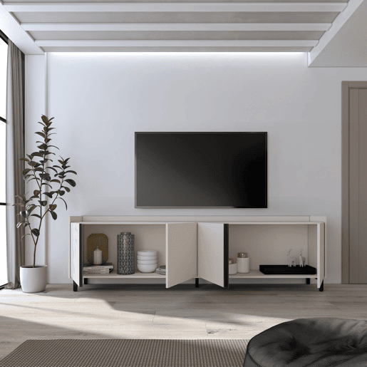Móvel de TV, Muito espaço de arrumação, 207x35x61cm, Para televisores até 80, Design industrial, Estilo moderno, Bege