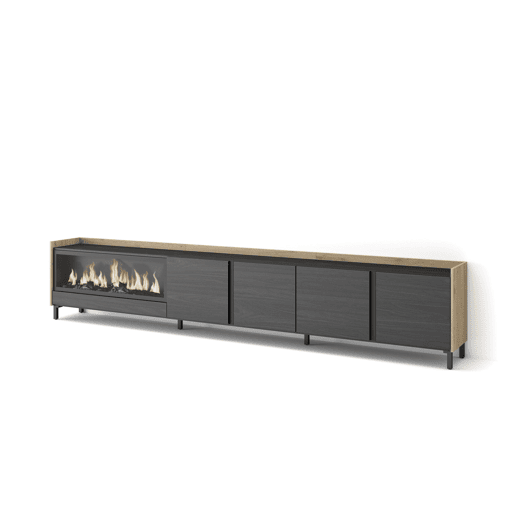 Móvel de TV, Muito espaço de arrumação, 315x35x61cm, Para televisores até 80, Lareira eléctrica XXL, Design industrial, Estilo moderno, Preto e Carvalho Móvel de TV, Muito espaço de arrumação, 315x35x61cm, Para televisores até 80, Lareira eléctrica XXL, Design industrial, Estilo moderno, Preto e Carvalho