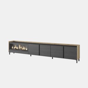 Móvel de TV, Muito espaço de arrumação, 315x35x61cm, Para televisores até 80, Lareira eléctrica XXL, Design industrial, Estilo moderno, Preto e Carvalho
