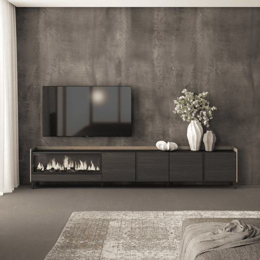 Móvel de TV, Muito espaço de arrumação, 315x35x61cm, Para televisores até 80, Lareira eléctrica XXL, Design industrial, Estilo moderno, Preto e Carvalho Móvel de TV, Muito espaço de arrumação, 315x35x61cm, Para televisores até 80, Lareira eléctrica XXL, Design industrial, Estilo moderno, Preto e Carvalho