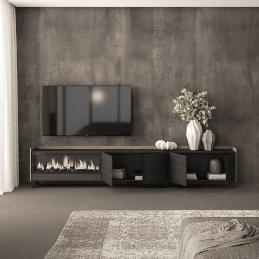 Móvel de TV, Muito espaço de arrumação, 315x35x61cm, Para televisores até 80, Lareira eléctrica XXL, Design industrial, Estilo moderno, Preto e Carvalho Móvel de TV, Muito espaço de arrumação, 315x35x61cm, Para televisores até 80, Lareira eléctrica XXL, Design industrial, Estilo moderno, Preto e Carvalho