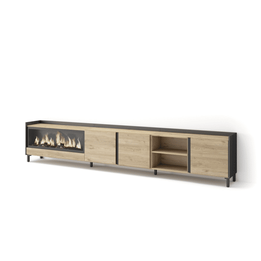 Móvel de TV, Muito espaço de arrumação, 315x35x61cm, Para televisores até 80, Lareira eléctrica XXL, Design industrial, Estilo moderno, Carvalho e preto Móvel de TV, Muito espaço de arrumação, 315x35x61cm, Para televisores até 80, Lareira eléctrica XXL, Design industrial, Estilo moderno, Carvalho e preto