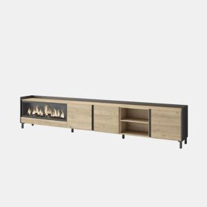 Móvel de TV, Muito espaço de arrumação, 315x35x61cm, Para televisores até 80, Lareira eléctrica XXL, Design industrial, Estilo moderno, Carvalho e preto