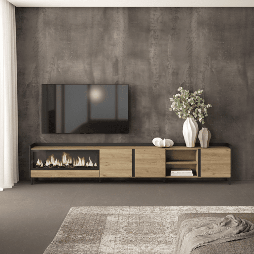 Móvel de TV, Muito espaço de arrumação, 315x35x61cm, Para televisores até 80, Lareira eléctrica XXL, Design industrial, Estilo moderno, Carvalho e preto Móvel de TV, Muito espaço de arrumação, 315x35x61cm, Para televisores até 80, Lareira eléctrica XXL, Design industrial, Estilo moderno, Carvalho e preto