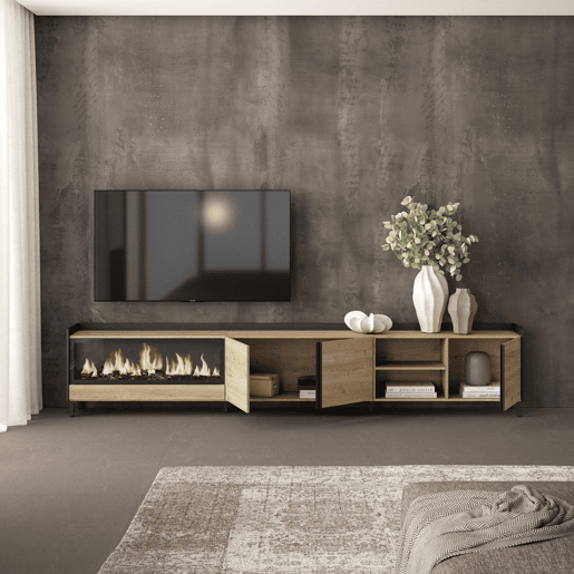 Móvel de TV, Muito espaço de arrumação, 315x35x61cm, Para televisores até 80, Lareira eléctrica XXL, Design industrial, Estilo moderno, Carvalho e preto Móvel de TV, Muito espaço de arrumação, 315x35x61cm, Para televisores até 80, Lareira eléctrica XXL, Design industrial, Estilo moderno, Carvalho e preto