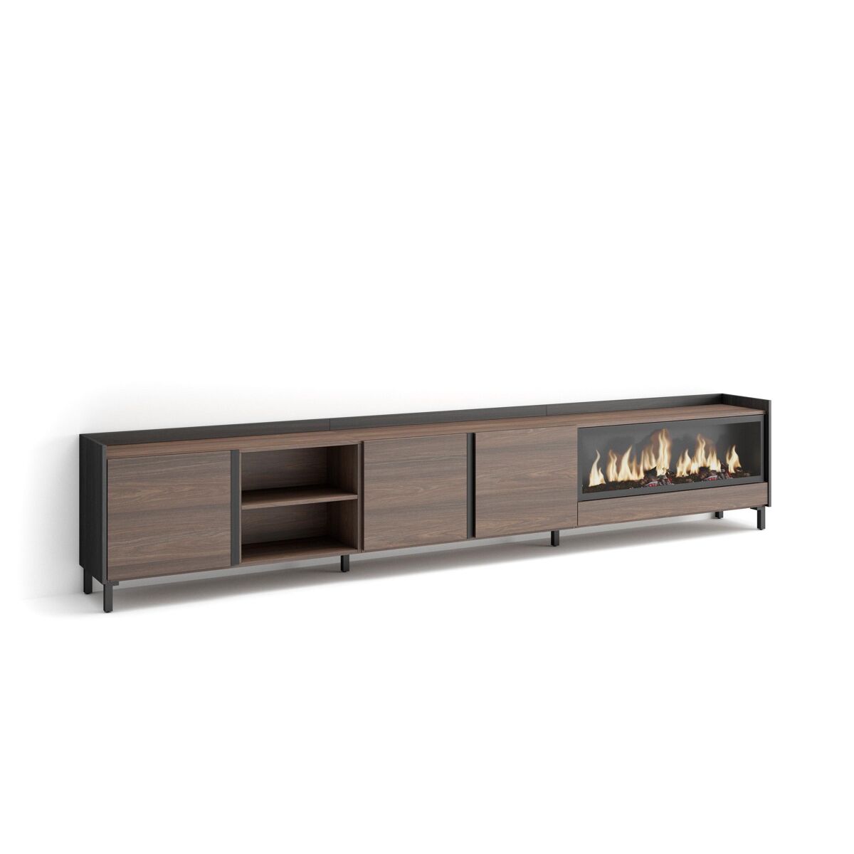 mueble tv television muebles de salon almacenaje 315x35x61cm para tv hasta 80 chimenea electrica xxl diseno industrial estilo moderno roble oscuro y negro