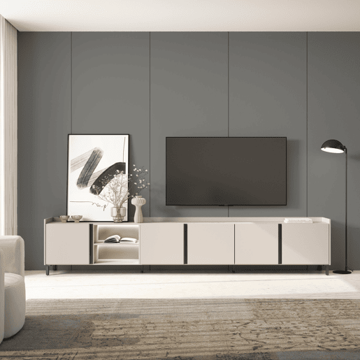 Móvel de TV, Muito espaço de arrumação, 309x35x61cm, Para televisores até 80, Design industrial, LED, Estilo moderno, Bege