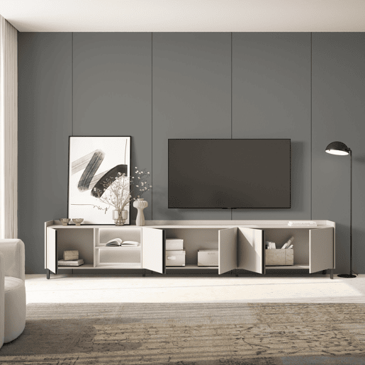 Móvel de TV, Muito espaço de arrumação, 309x35x61cm, Para televisores até 80, Design industrial, LED, Estilo moderno, Bege