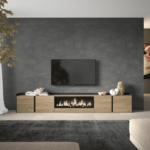 Móvel de TV, Muito espaço de arrumação, 315x35x50cm, Para televisores até 80, Lareira eléctrica XXL, Estilo moderno, Carvalho e preto Móvel de TV, Muito espaço de arrumação, 315x35x50cm, Para televisores até 80, Lareira eléctrica XXL, Estilo moderno, Carvalho e preto