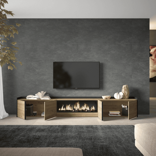 Móvel de TV, Muito espaço de arrumação, 315x35x50cm, Para televisores até 80, Lareira eléctrica XXL, Estilo moderno, Carvalho e preto Móvel de TV, Muito espaço de arrumação, 315x35x50cm, Para televisores até 80, Lareira eléctrica XXL, Estilo moderno, Carvalho e preto