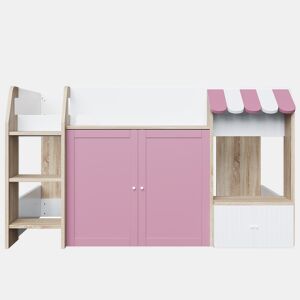 Cama infantil 90x200 - Com espaço de arrumação, escada, cama alta em madeira maciça - Branco+Rosa+Cor da madeira