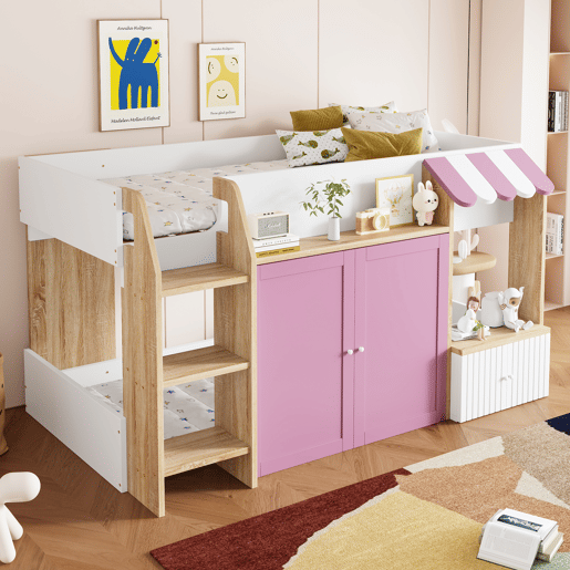 Cama infantil 90x200 - Com espaço de arrumação, escada, cama alta em madeira maciça - Branco+Rosa+Cor da madeira Cama infantil 90x200 - Com espaço de arrumação, escada, cama alta em madeira maciça - Branco+Rosa+Cor da madeira