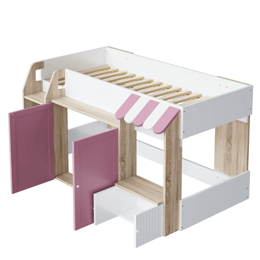 Cama infantil 90x200 - Com espaço de arrumação, escada, cama alta em madeira maciça - Branco+Rosa+Cor da madeira Cama infantil 90x200 - Com espaço de arrumação, escada, cama alta em madeira maciça - Branco+Rosa+Cor da madeira
