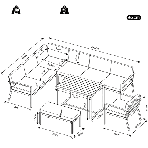 Conjunto de jardim com 2 sofás,cadeira e mesa,cinza