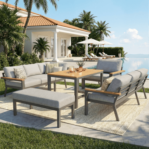 Conjunto de jardim com 2 sofás,cadeira e mesa,cinza