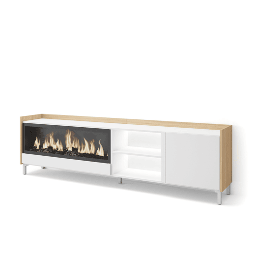 Móvel de TV, Muito espaço de arrumação, 212x35x61cm, Para televisores até 80, Lareira eléctrica XXL, Design industrial, LED, Estilo moderno, Branco e Carvalho soft Móvel de TV, Muito espaço de arrumação, 212x35x61cm, Para televisores até 80, Lareira eléctrica XXL, Design industrial, LED, Estilo moderno, Branco e Carvalho soft