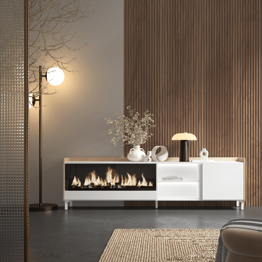 Móvel de TV, Muito espaço de arrumação, 212x35x61cm, Para televisores até 80, Lareira eléctrica XXL, Design industrial, LED, Estilo moderno, Branco e Carvalho soft Móvel de TV, Muito espaço de arrumação, 212x35x61cm, Para televisores até 80, Lareira eléctrica XXL, Design industrial, LED, Estilo moderno, Branco e Carvalho soft