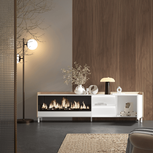 Móvel de TV, Muito espaço de arrumação, 212x35x61cm, Para televisores até 80, Lareira eléctrica XXL, Design industrial, LED, Estilo moderno, Branco e Carvalho soft Móvel de TV, Muito espaço de arrumação, 212x35x61cm, Para televisores até 80, Lareira eléctrica XXL, Design industrial, LED, Estilo moderno, Branco e Carvalho soft