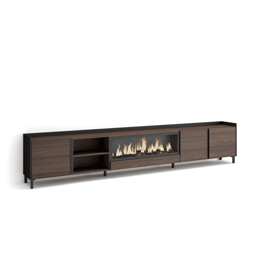 Móvel de TV, Muito espaço de arrumação, 315x35x61cm, Para televisores até 80, Lareira eléctrica XXL, Design industrial, Estilo moderno, Carvalho escuro e Preto Móvel de TV, Muito espaço de arrumação, 315x35x61cm, Para televisores até 80, Lareira eléctrica XXL, Design industrial, Estilo moderno, Carvalho escuro e Preto