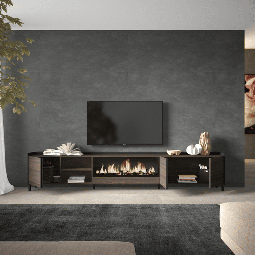 Móvel de TV, Muito espaço de arrumação, 315x35x61cm, Para televisores até 80, Lareira eléctrica XXL, Design industrial, Estilo moderno, Carvalho escuro e Preto Móvel de TV, Muito espaço de arrumação, 315x35x61cm, Para televisores até 80, Lareira eléctrica XXL, Design industrial, Estilo moderno, Carvalho escuro e Preto