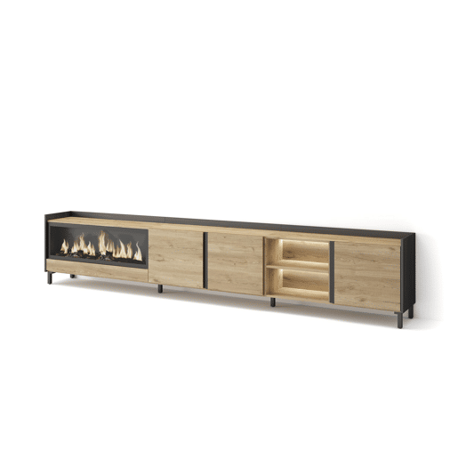 Móvel de TV, Muito espaço de arrumação, 315x35x61cm, Para televisores até 80, Lareira eléctrica XXL, Design industrial, LED, Estilo moderno, Carvalho e preto Móvel de TV, Muito espaço de arrumação, 315x35x61cm, Para televisores até 80, Lareira eléctrica XXL, Design industrial, LED, Estilo moderno, Carvalho e preto