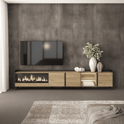 Móvel de TV, Muito espaço de arrumação, 315x35x61cm, Para televisores até 80, Lareira eléctrica XXL, Design industrial, LED, Estilo moderno, Carvalho e preto Móvel de TV, Muito espaço de arrumação, 315x35x61cm, Para televisores até 80, Lareira eléctrica XXL, Design industrial, LED, Estilo moderno, Carvalho e preto
