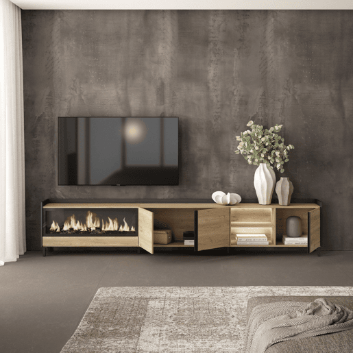 Móvel de TV, Muito espaço de arrumação, 315x35x61cm, Para televisores até 80, Lareira eléctrica XXL, Design industrial, LED, Estilo moderno, Carvalho e preto Móvel de TV, Muito espaço de arrumação, 315x35x61cm, Para televisores até 80, Lareira eléctrica XXL, Design industrial, LED, Estilo moderno, Carvalho e preto