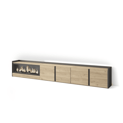 Móvel de TV, Muito espaço de arrumação, 315x35x50cm, Para televisores até 80, Lareira eléctrica XXL, LED, Estilo moderno, Carvalho e preto