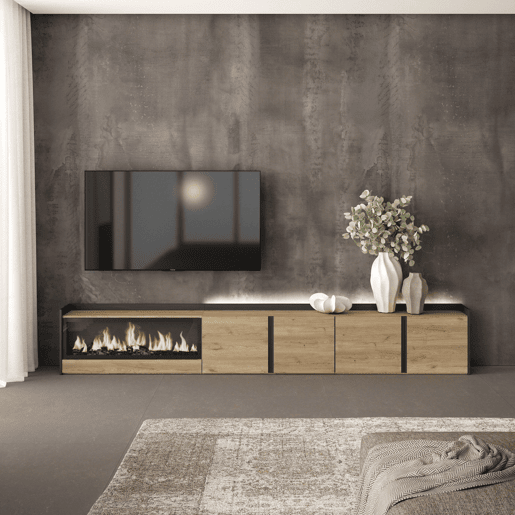 Móvel de TV, Muito espaço de arrumação, 315x35x50cm, Para televisores até 80, Lareira eléctrica XXL, LED, Estilo moderno, Carvalho e preto