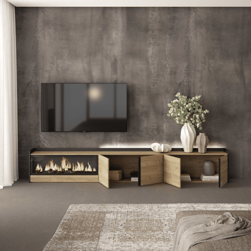 Móvel de TV, Muito espaço de arrumação, 315x35x50cm, Para televisores até 80, Lareira eléctrica XXL, LED, Estilo moderno, Carvalho e preto