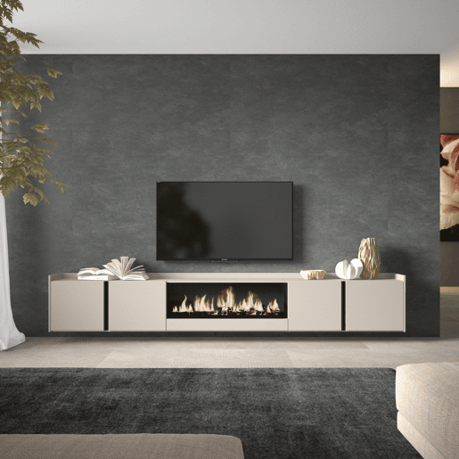 Móvel de TV, Muito espaço de arrumação, 315x35x50cm, Para televisores até 80, Lareira eléctrica XXL, Suspensos, Estilo moderno, Bege Móvel de TV, Muito espaço de arrumação, 315x35x50cm, Para televisores até 80, Lareira eléctrica XXL, Suspensos, Estilo moderno, Bege