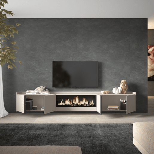 Móvel de TV, Muito espaço de arrumação, 315x35x50cm, Para televisores até 80, Lareira eléctrica XXL, Suspensos, Estilo moderno, Bege Móvel de TV, Muito espaço de arrumação, 315x35x50cm, Para televisores até 80, Lareira eléctrica XXL, Suspensos, Estilo moderno, Bege