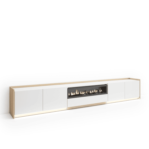 Móvel de TV, Muito espaço de arrumação, 310x37x50cm, Para televisores até 80, Lareira eléctrica, LED, Estilo moderno, Branco e Carvalho soft