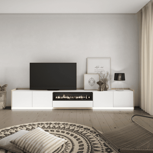 Móvel de TV, Muito espaço de arrumação, 310x37x50cm, Para televisores até 80, Lareira eléctrica, LED, Estilo moderno, Branco e Carvalho soft