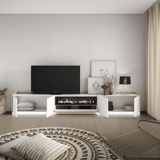 Móvel de TV, Muito espaço de arrumação, 310x37x50cm, Para televisores até 80, Lareira eléctrica, LED, Estilo moderno, Branco e Carvalho soft