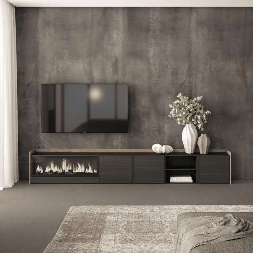 Móvel de TV, Muito espaço de arrumação, 315x35x50cm, Para televisores até 80, Lareira eléctrica XXL, Estilo moderno, Preto e Carvalho Móvel de TV, Muito espaço de arrumação, 315x35x50cm, Para televisores até 80, Lareira eléctrica XXL, Estilo moderno, Preto e Carvalho