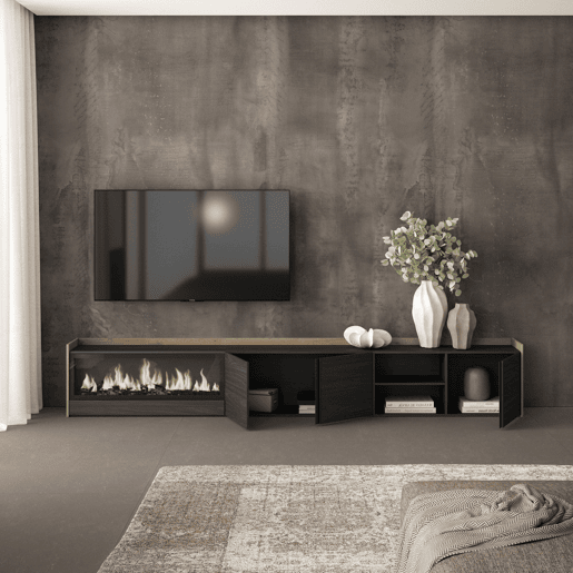 Móvel de TV, Muito espaço de arrumação, 315x35x50cm, Para televisores até 80, Lareira eléctrica XXL, Estilo moderno, Preto e Carvalho Móvel de TV, Muito espaço de arrumação, 315x35x50cm, Para televisores até 80, Lareira eléctrica XXL, Estilo moderno, Preto e Carvalho