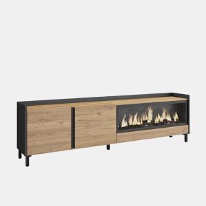 Móvel de TV, Muito espaço de arrumação, 212x35x61cm, Para televisores até 80, Lareira eléctrica XXL, Design industrial, Estilo moderno, Carvalho e preto
