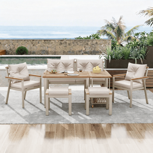 Conjunto de jardim com sofá,2 cadeiras e mesa,bege+natural