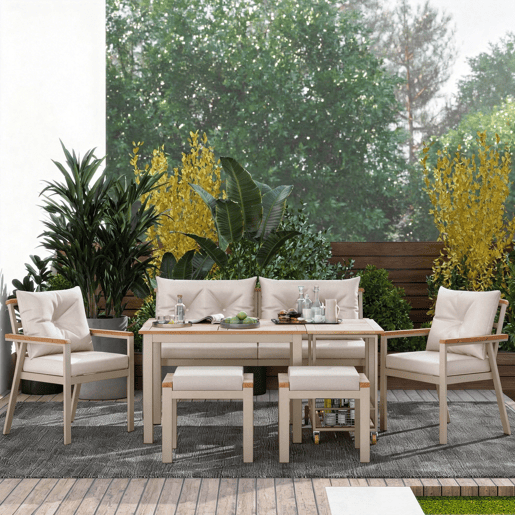 Conjunto de jardim com sofá,2 cadeiras e mesa,bege+natural