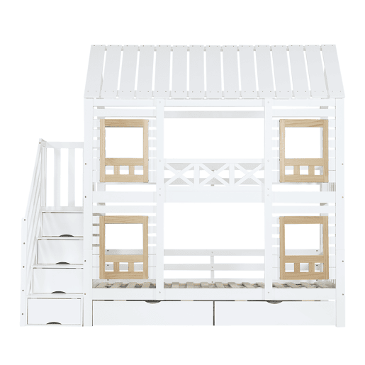 Beliche 90x200cm - Com proteção, janela, 2 gavetas, escada com 4 prateleiras - Branco+Natural