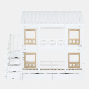 Beliche 90x200cm - Com proteção, janela, 2 gavetas, escada com 4 prateleiras - Branco+Natural